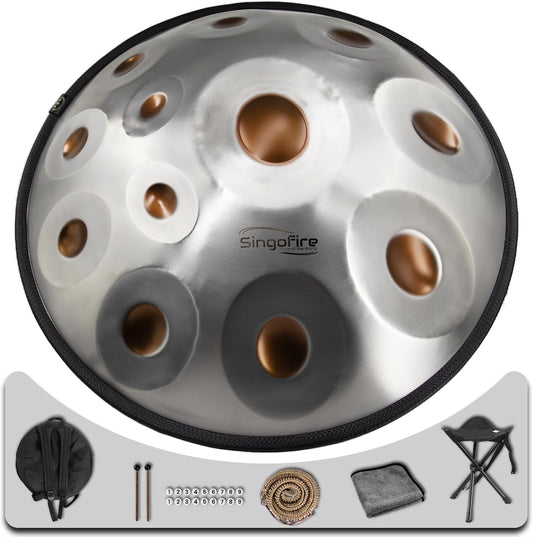 "SINGOFIRE" 12-Notes Handpan Drum, Handpan Drums for Adults, 22-Inch 440Hz D Minor Kurd Handpan, HandPan Instrument with Soft Handpan Bag, 2 Mallets, Handpan Stand and Dust-Free Cloth(Gold Eye)