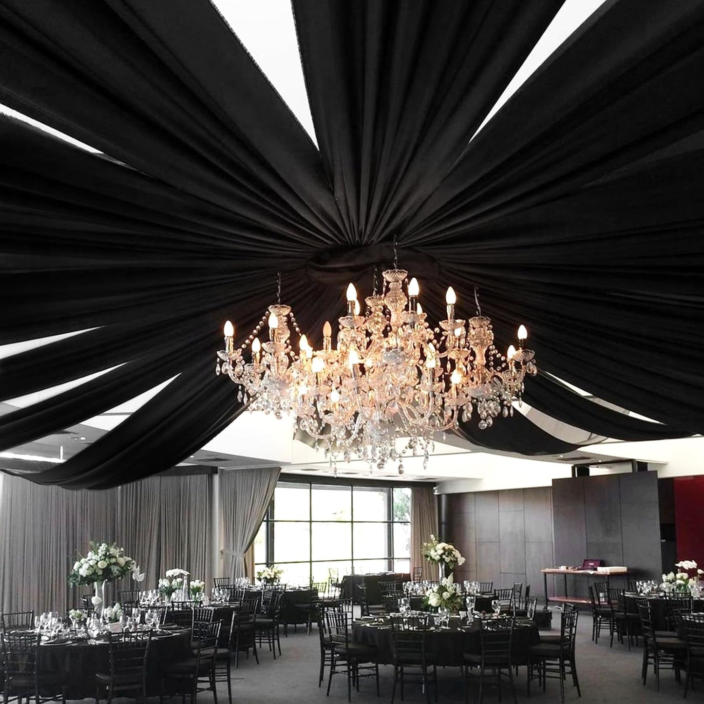 6 Panels Black Wedding Ceiling Drapes 5ftx40ft Ceiling Drapes Chiffon Fabric Arch Draping Sheer Curtains Soft Drapery Draping Wedding Ceiling Decorations for Party Ceremony Stage Swag
