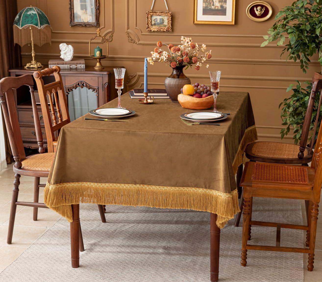 F-CHU Luxury Camel Tablecloth Thickset Velvet Tablecloth with Beautiful Gold Tassels Vintage Table Cloth for Home Decor Wedding, Party, Banquet and Events 60x102-Inch
