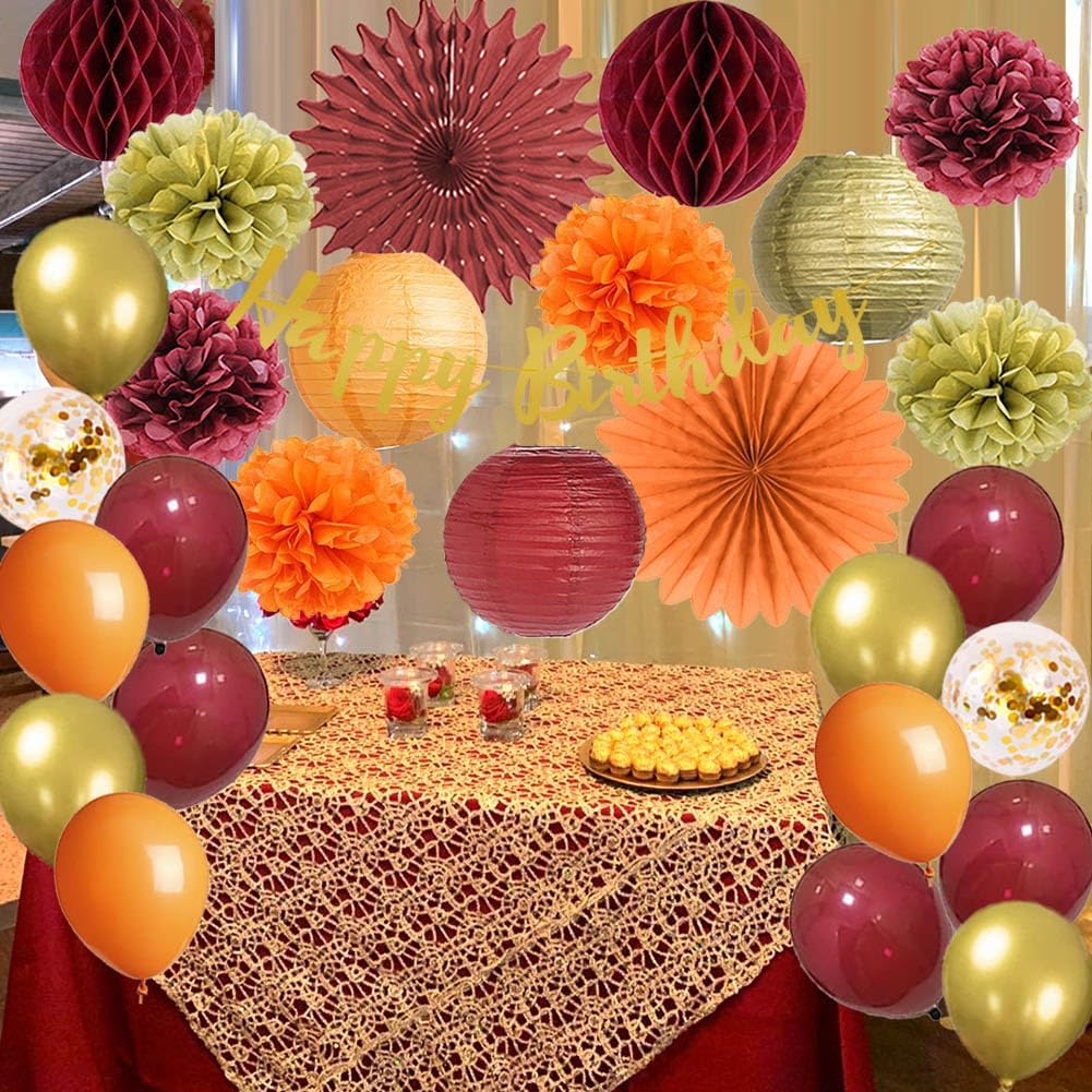 Fall Birthday Decorations Burgundy and Orange Party Decorations Pom Poms Flowers Paper Lanterns Fans Autumn Burgundy Birthday Decorations with Happy Birthday Banner Cake Topper Gold for Women Girls