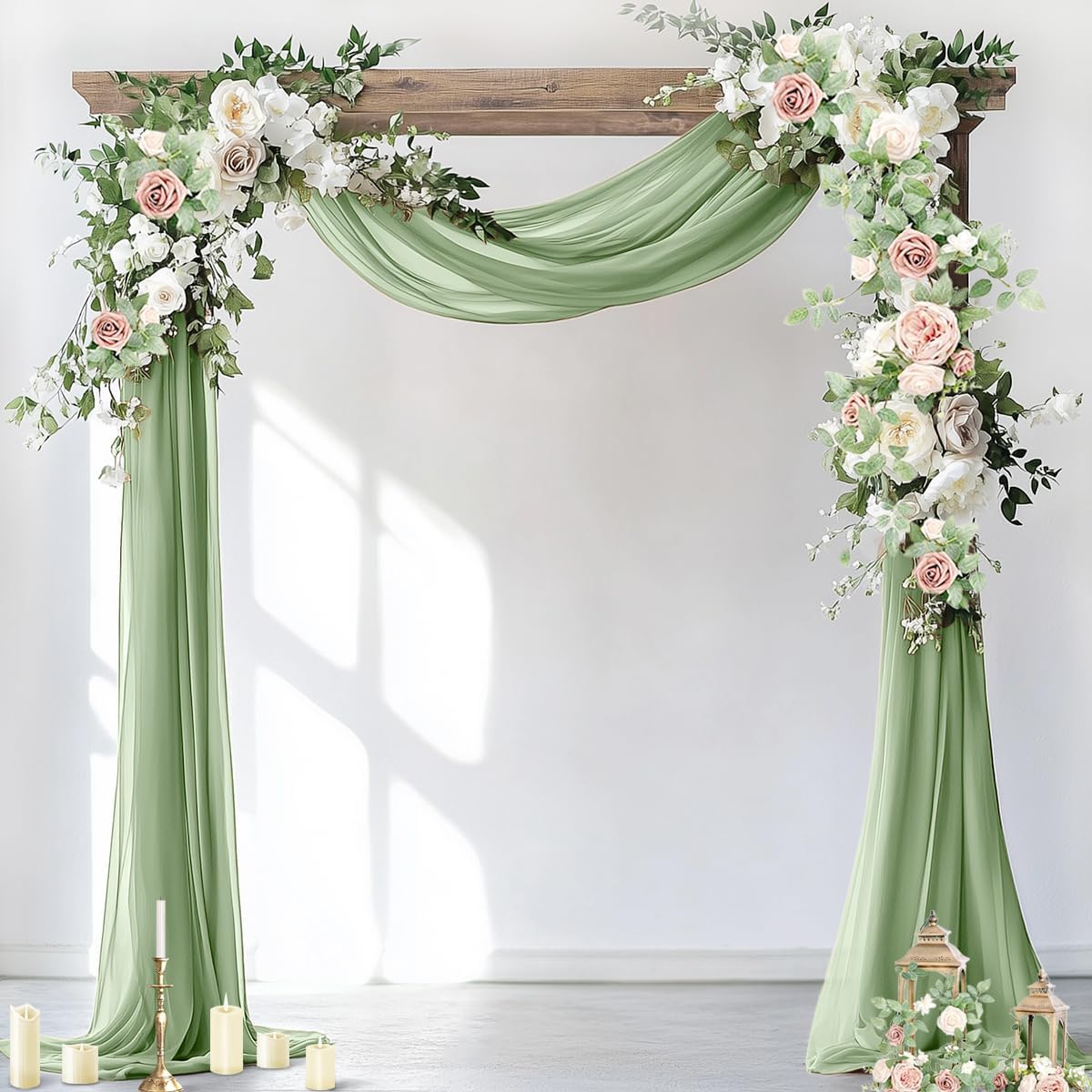 Socomi Wedding Arch Draping Fabric 2 Panels 29" x 19Ft Sage Green Sheer Chiffon Curtain Drapes 6 Yards for Wedding Ceremony Birthday Party Decoration
