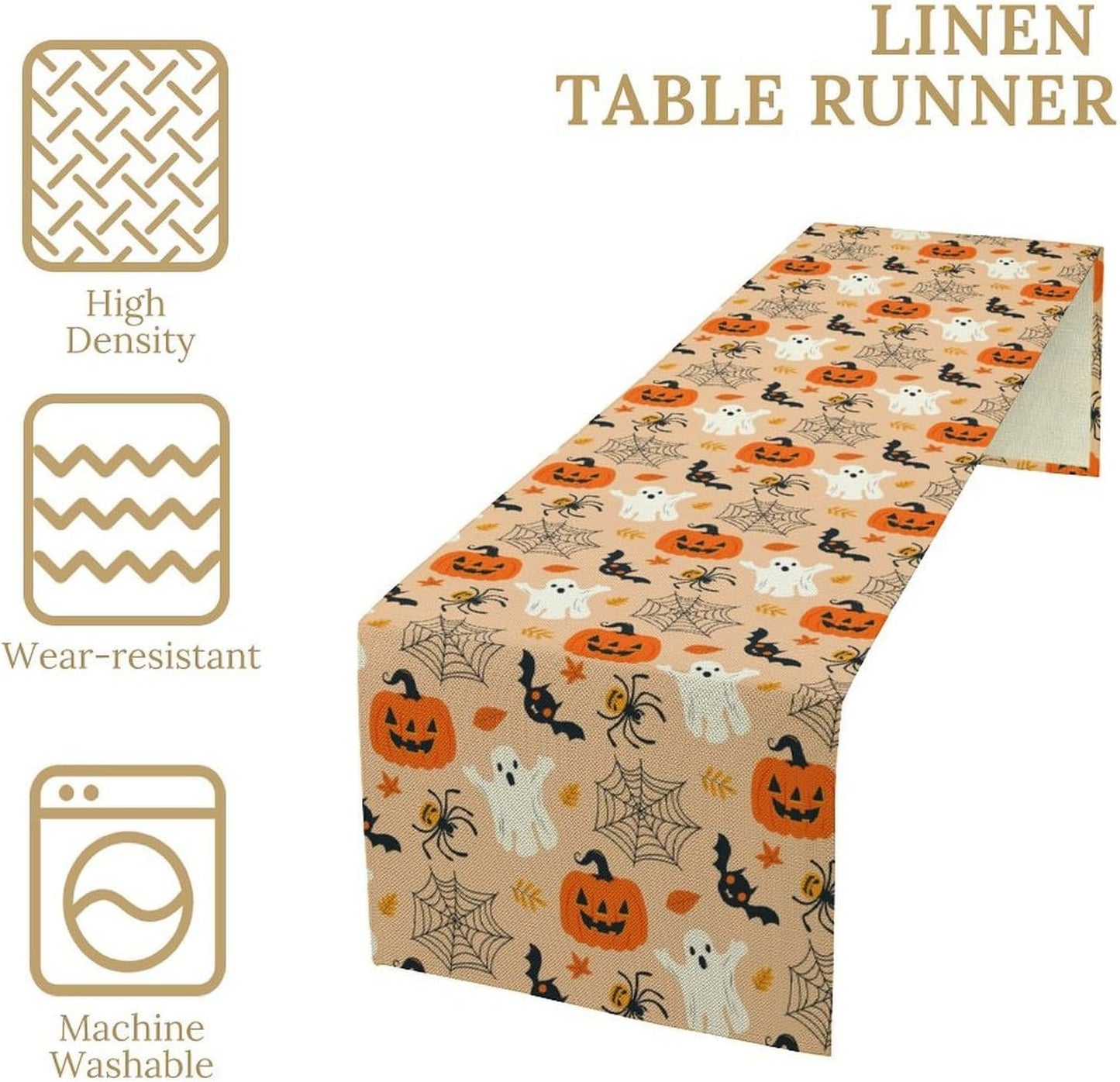 Halloween Table Runner,Cute Ghost Pumpkin Leaves Table Runner for Kitchen Dining Table Decoration Home Party Decor 13x70 Inch