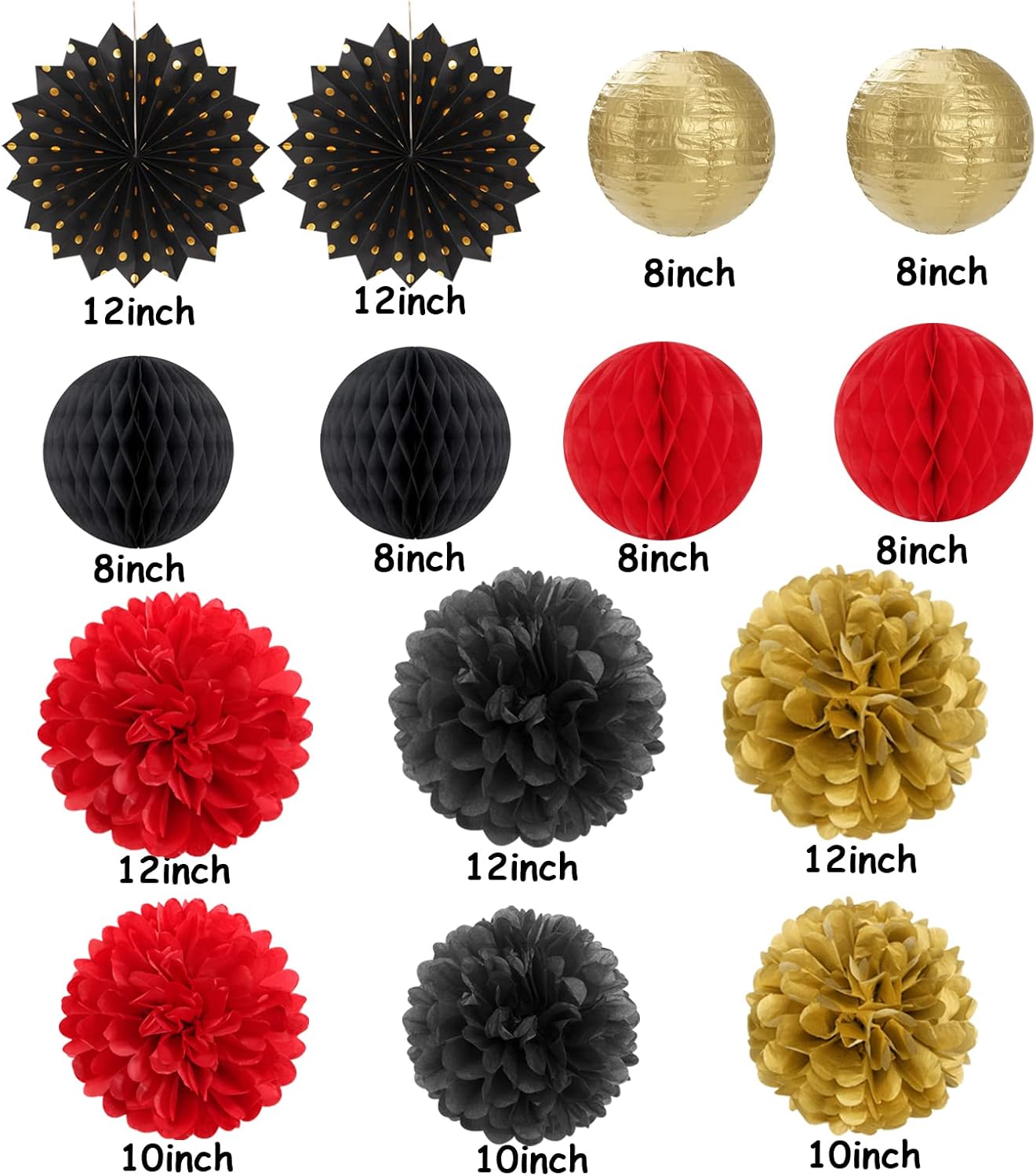 Red-Black Gold Party Decorations Streamers Lanterns - 14pcs Casino-Theme Graduation 2025 Paper Fan,Game Night Wedding Birthday Baby Bridal Shower Tissue Pom Poms,Honeycomb Balls Decor Ouruola