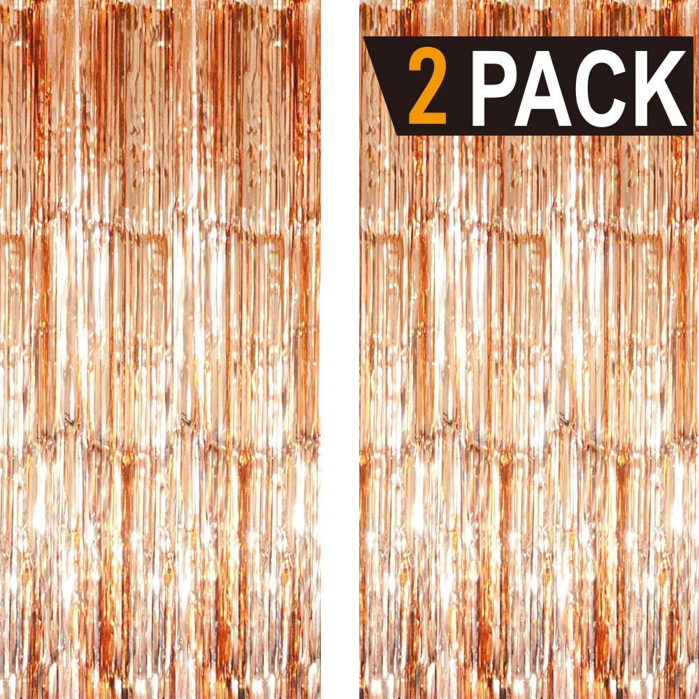 GOER 6.4 ft x 8.2 ft Metallic Tinsel Foil Fringe Curtains,Pack of 2 Party Streamer Backdrop for Birthday,Graduation Decorations and New Year Eve (Champagne Gold)