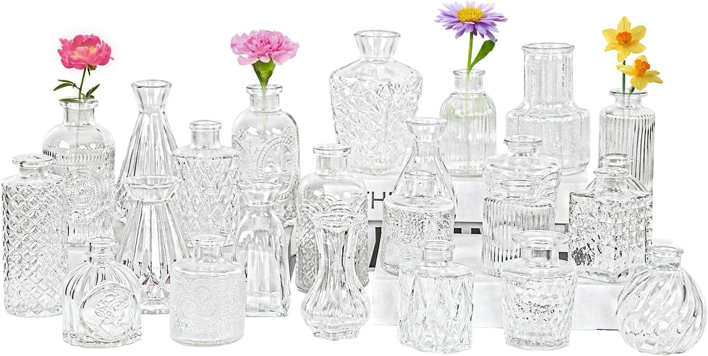 24Pcs Glass Bud Vase Set,Small Flower Vase for Tables Centerpieces Decor, Mini Vintage Clear Vase for Home,Wedding,Party Decorations（24 Pcs，Clear）
