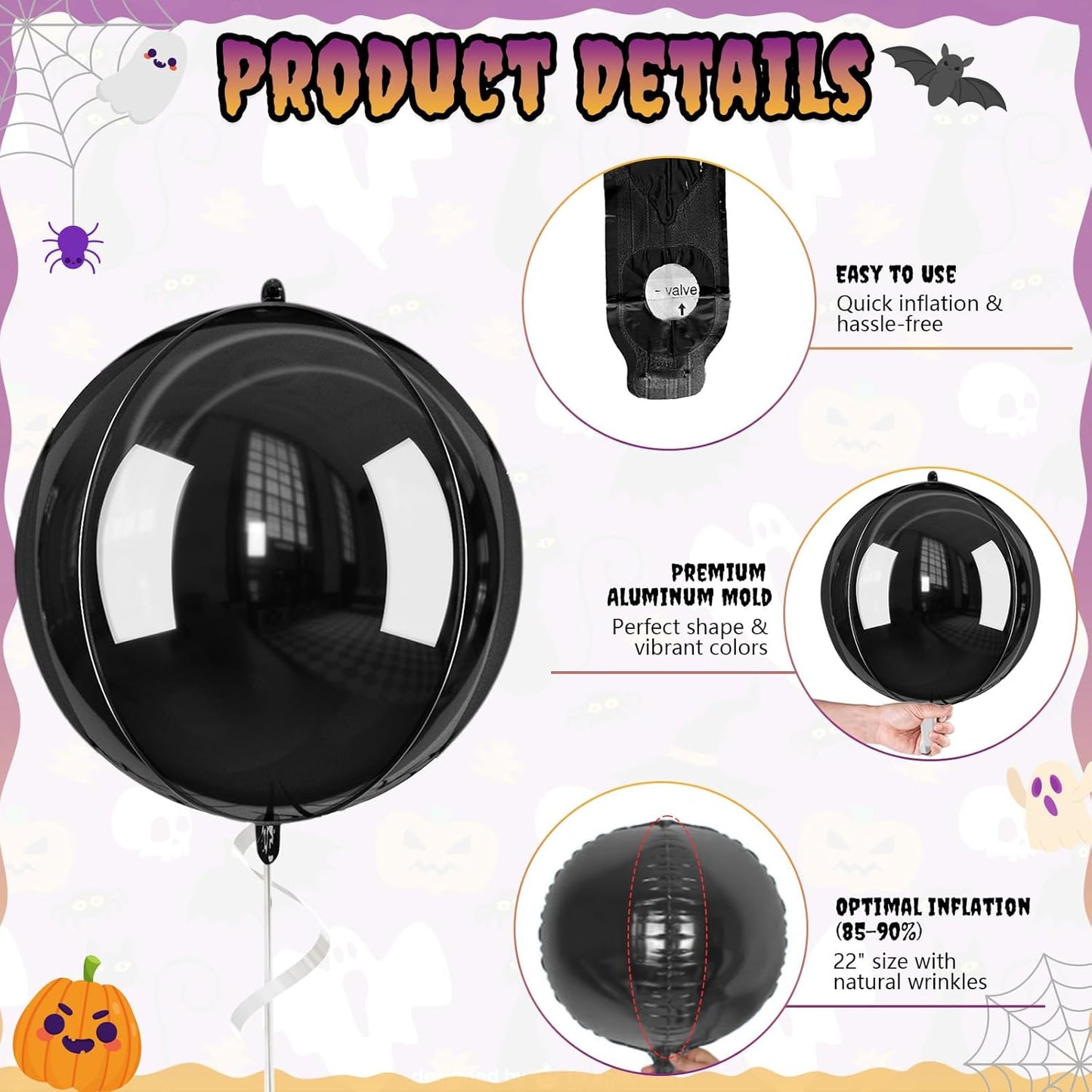 Halloween Black and Orange Foil Balloons, 6 Pcs Large Metallic Orange Black Purple Giant 4D Round Balloons, 22 Inch Big Round Foil Balloon for Birthday Party Halloween Decorations