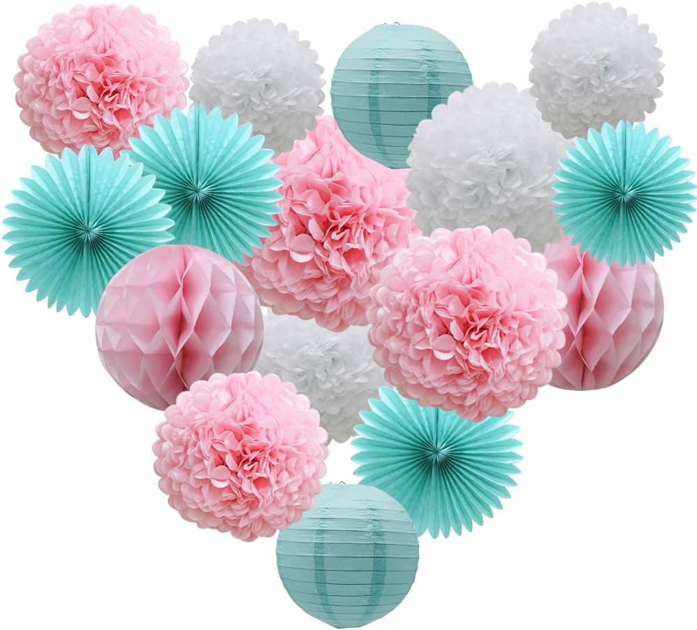 Teal Party Supplies for Bridal Baby Shower First Birthday Party Wedding Decorations (16pcs) Paper Honeycomb Ball Pom Poms Flowers Paper Lanterns Hanging Tissue Fan