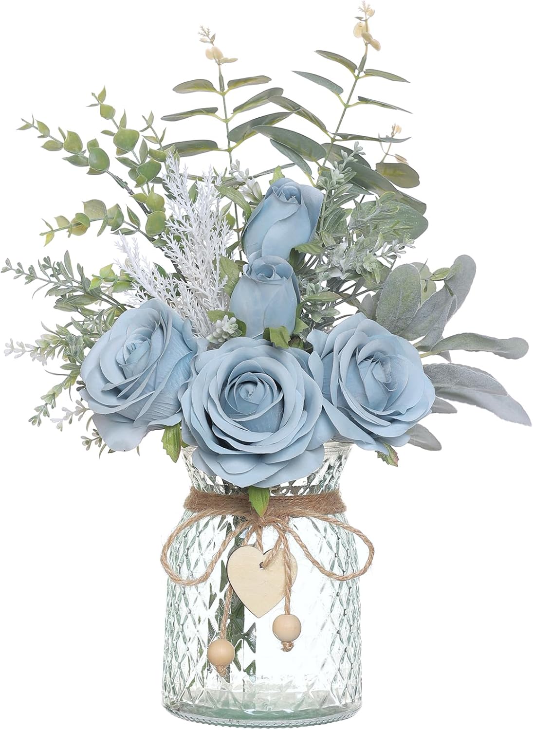 Faux Flowers with Vase,Artificial Silk Roses in Vase, Fake Plant Eucalyptus Flower Arrangement for Home Office Farmhouse Bathroom Dining Table Centerpiece Decorations Coffee Table Decor (Dusty Blue)