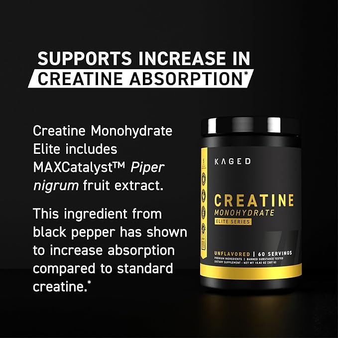 Kaged Creatine Monohydrate Elite Powder | Unflavored | Muscle Building & Recovery | MAXCatalyst for High Absorbtion | Vegan, Gluten Free, Easily Digestible | Supplements for Men & Women | 60 Servings