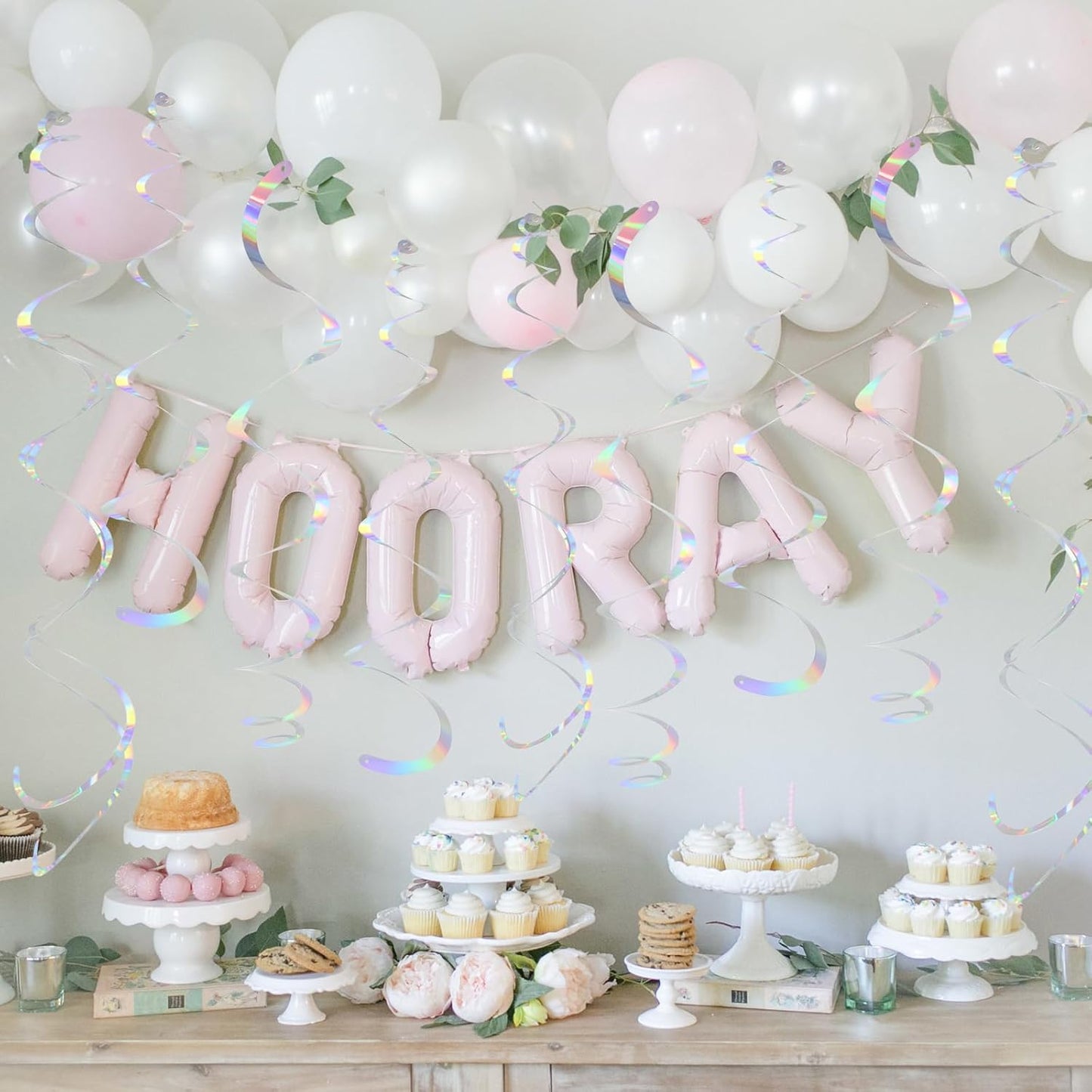 24 PCS Iridescent Hanging Swirl, Shinny Holographic Ceiling Decorations, Plastic Streamer Party Decorations with Double-Swirls and Single-Swirls for Birthday Decorations, Wedding, Baby Shower