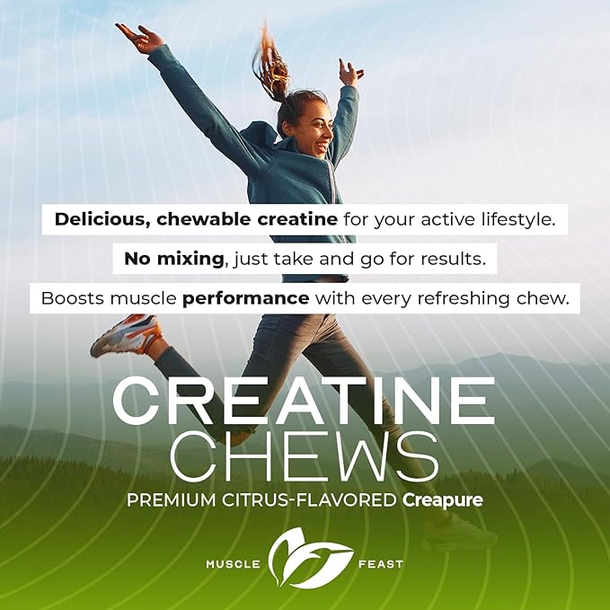 Muscle Feast Creatine Monohydrate Chewables - Vegan & Gluten-Free Creapure Creatine Chews for Men & Women - Delicious Citrus-Flavored Creatine Tablets for Muscle Building - Lemon Lime, 360 Tabs