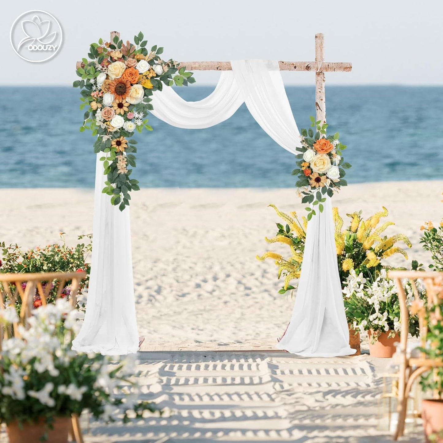 Wedding Arch Flowers Kit,Artificial Flower Arch Decor (Set of 3),2pcs Artificial Flower Arrangement with 1pc Sheer Drape for Wedding Decor Reception Backdrop Floral Decorations (Coffee Orange)