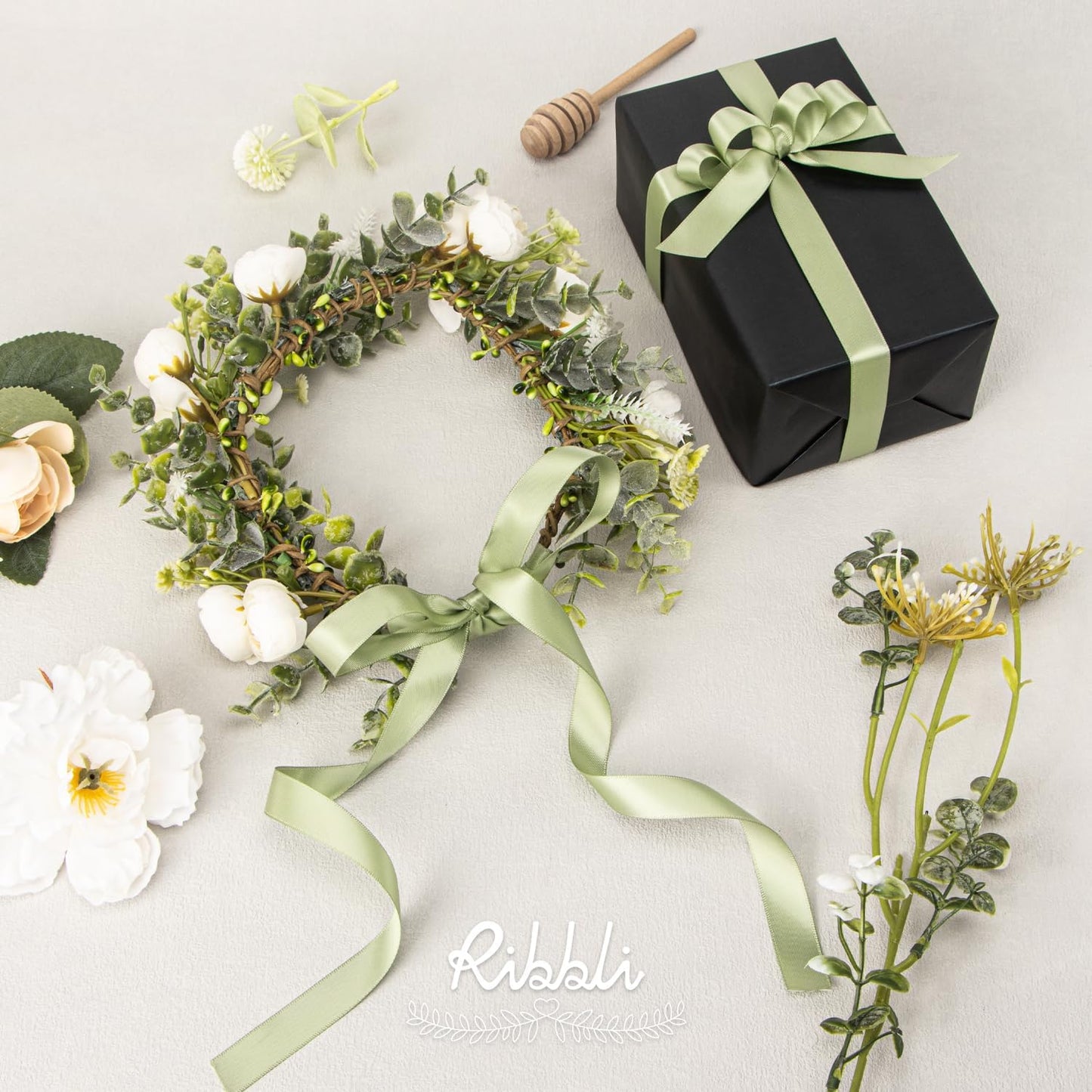 Ribbli Dusty Sage Satin Ribbon Double Faced Satin 5/8 Inch x Continuous 25 Yards-Sage Green Ribbon for Gift Wrapping Crafts Wedding Decoration Bows Bouquet Floral Arrangement