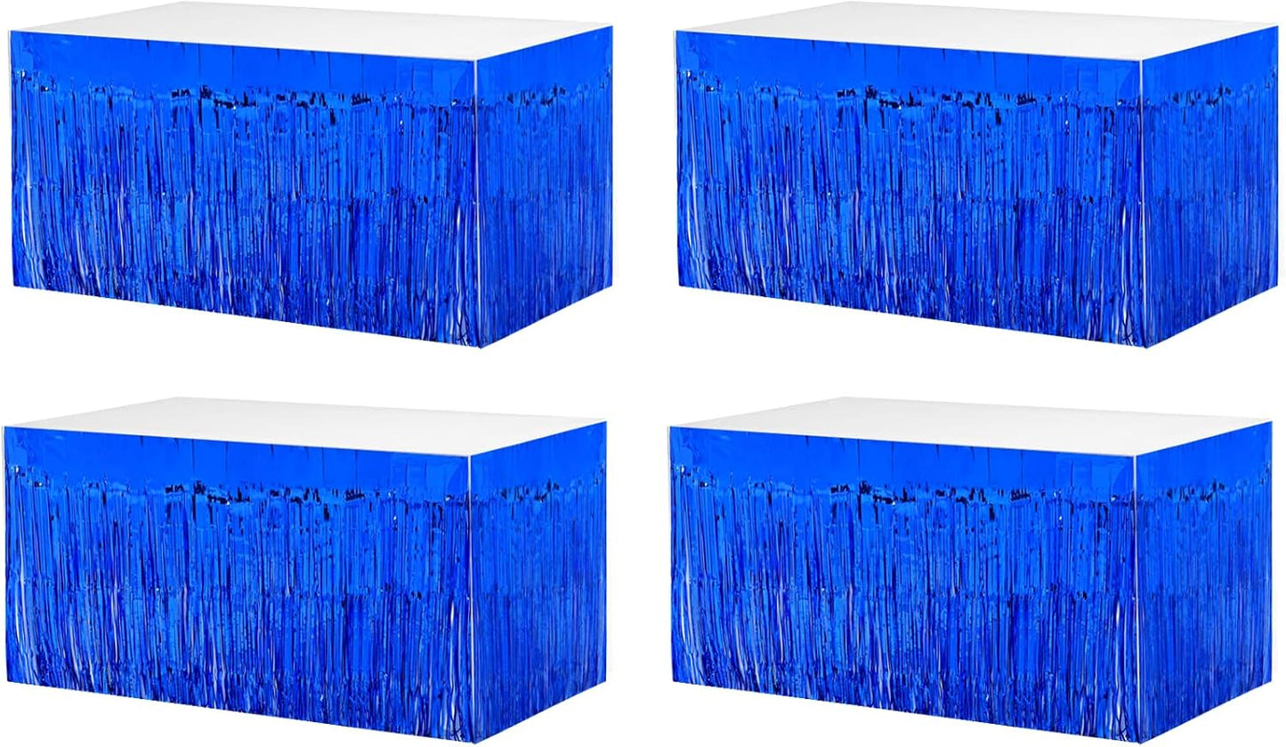 4 Pack 29x108 Inch Metallic Foil Fringe Tinsel Table Skirts for Rectangle Tables Streamer Curtains Backdrop for Wedding, Birthday, Parade Floats, Christmas, Halloween Party Decoration(Blue)