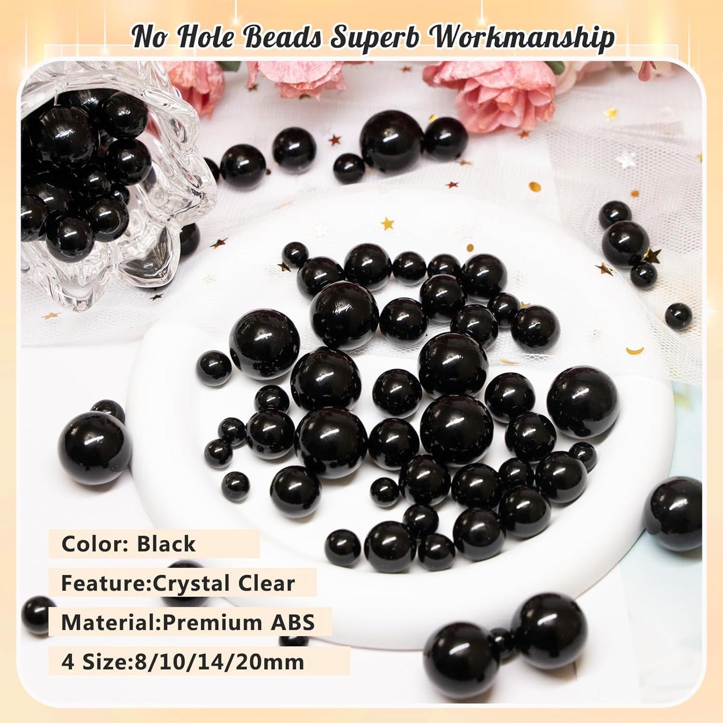 300Pcs Pearl Vase Filler, Black No Hole Faux Pearl Beads for Centerpieces Vases, Candle Centerpieces, Wedding Birthday Party Home Decor 8/10/14/20mm