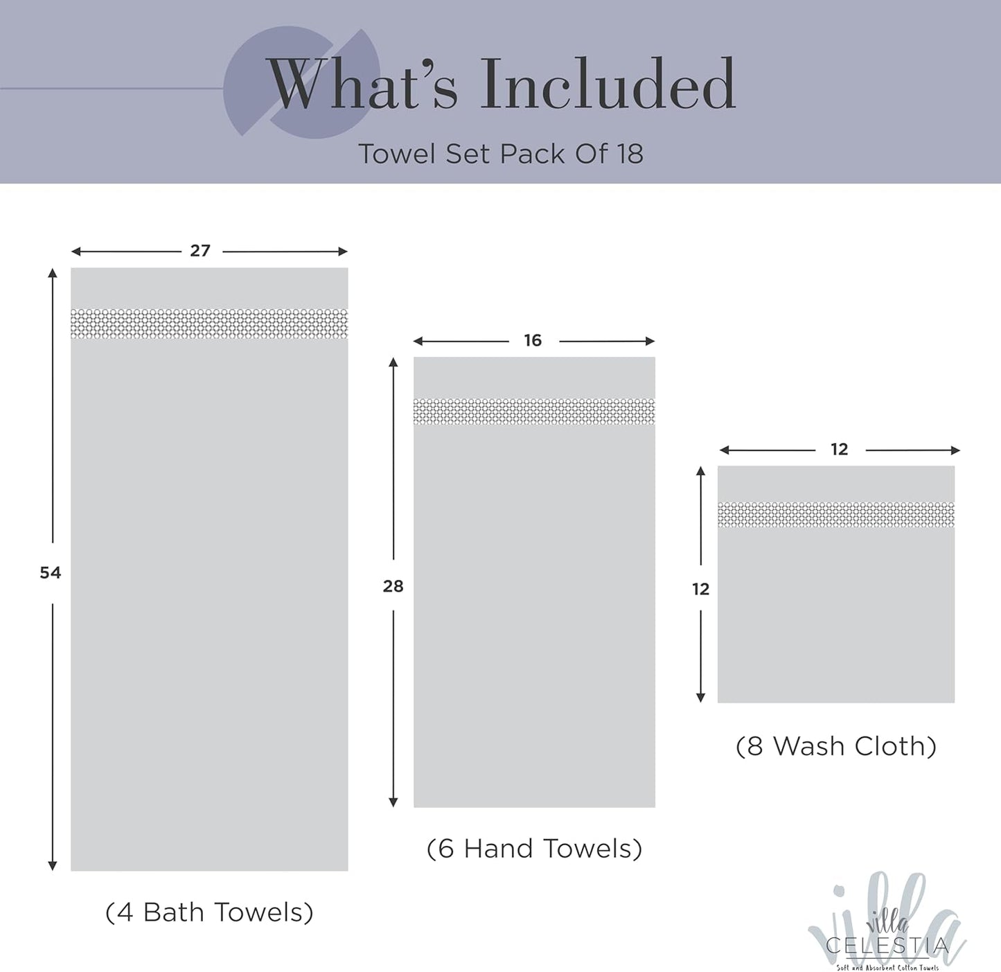 100% Cotton Bath Towel Set of 18-4 Bath Towels, 6 Hand Towels, 8 Wash Cloths, Sustainable, Soft, Highly Absorbent, Combed Cotton 18 Piece Set for Hotels, Spa, Bathroom, Dorm, Navy Blue