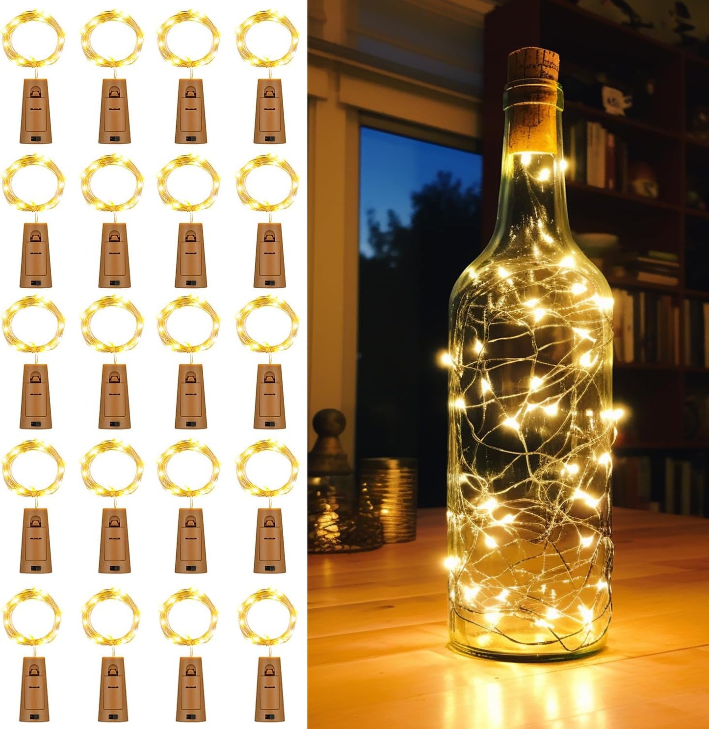 20 Pack Wine Bottle Lights with Cork Battery Operated 3.3ft 20 LED Silver Wire Cork Fairy Lights for Liquor Bottles,Jars,Crafts,Wedding,Party,Centerpieces,Table Decor,Warm White