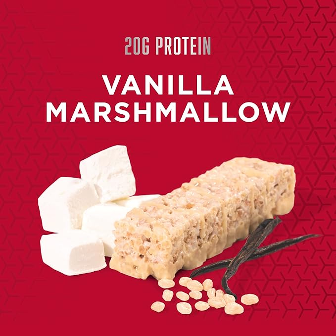 BSN Protein Bars - Protein Crisp Bar by Syntha-6, Whey Protein, 20g of Protein, Gluten Free, Low Sugar, Vanilla Marshmallow, 12 Count