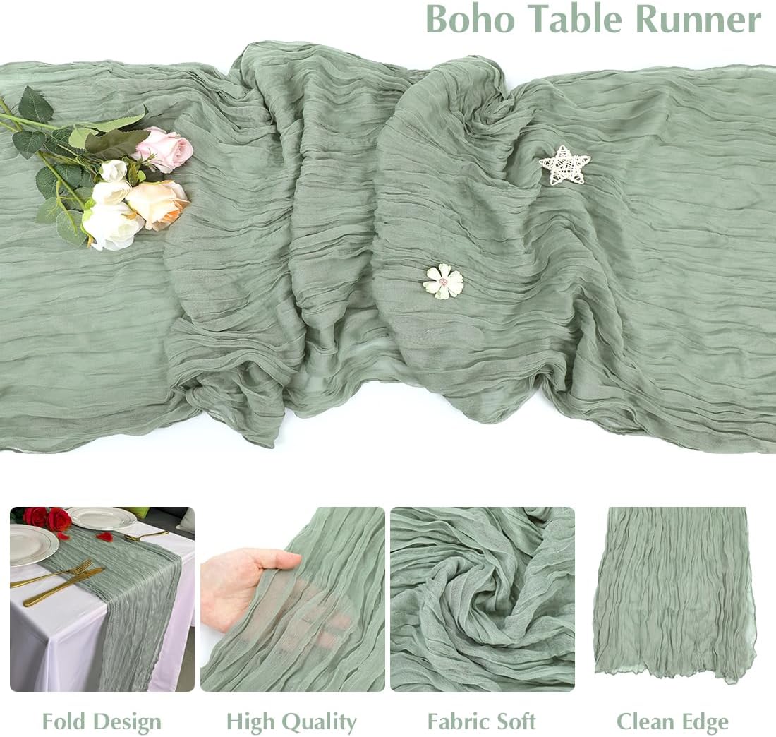 Sage Green Cheesecloth Table Runner -21*120Inch Long Boho Wedding Table Decor, Rustic Gauze Fabric Runner for Bridal Showers, Baby Showers & Parties (Sheer, Lightweight, Wrinkled Design)