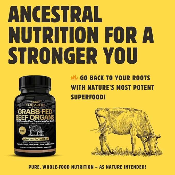 FREZZOR New Zealand 100% Live-Grass-Fed Beef Organs Complex, Supports Whole Body Wellness and Energy with Proprietary Blend of Liver, Heart, Kidney, Pancreas & Trachea, Non-GMO, 3000mg, 180 Capsules