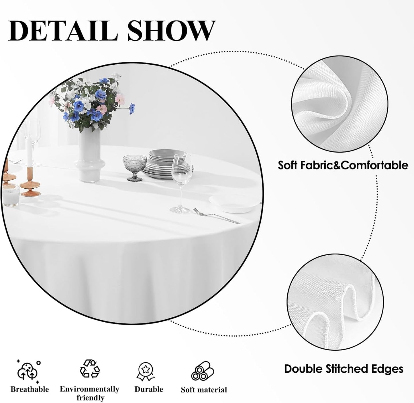 Round Tablecloth 6 Pack 90 Inch White Tablecloths Washable Decorative Linen Polyester Table Clothes Cover for Dining Table Banquets Buffet Parties and Wedding