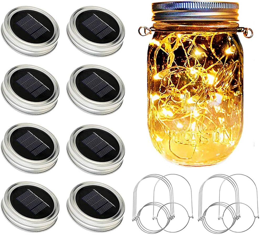 Solar Mason Jar Lights [Updated], 8 Pack 20 LED Waterproof Fairy Firefly Jar Lids String Lights with Hangers(NO JARS), Patio Yard Garden Wedding Decoration - Warm White