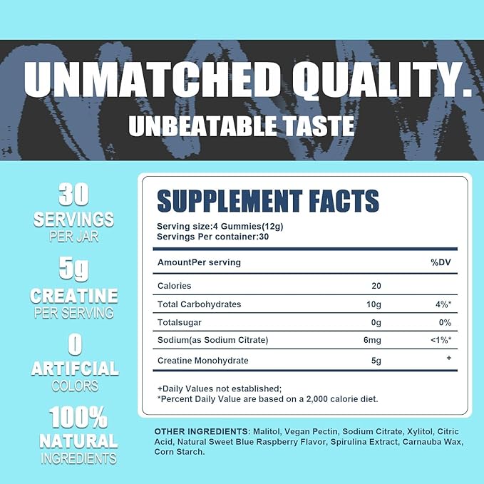 Creatine Monohydrate Gummies 5g per Serving - Vegan, Halal, Sugar-Free - Blue Raspberry Flavor - 30 Low-Calorie Gummies (2pcs)
