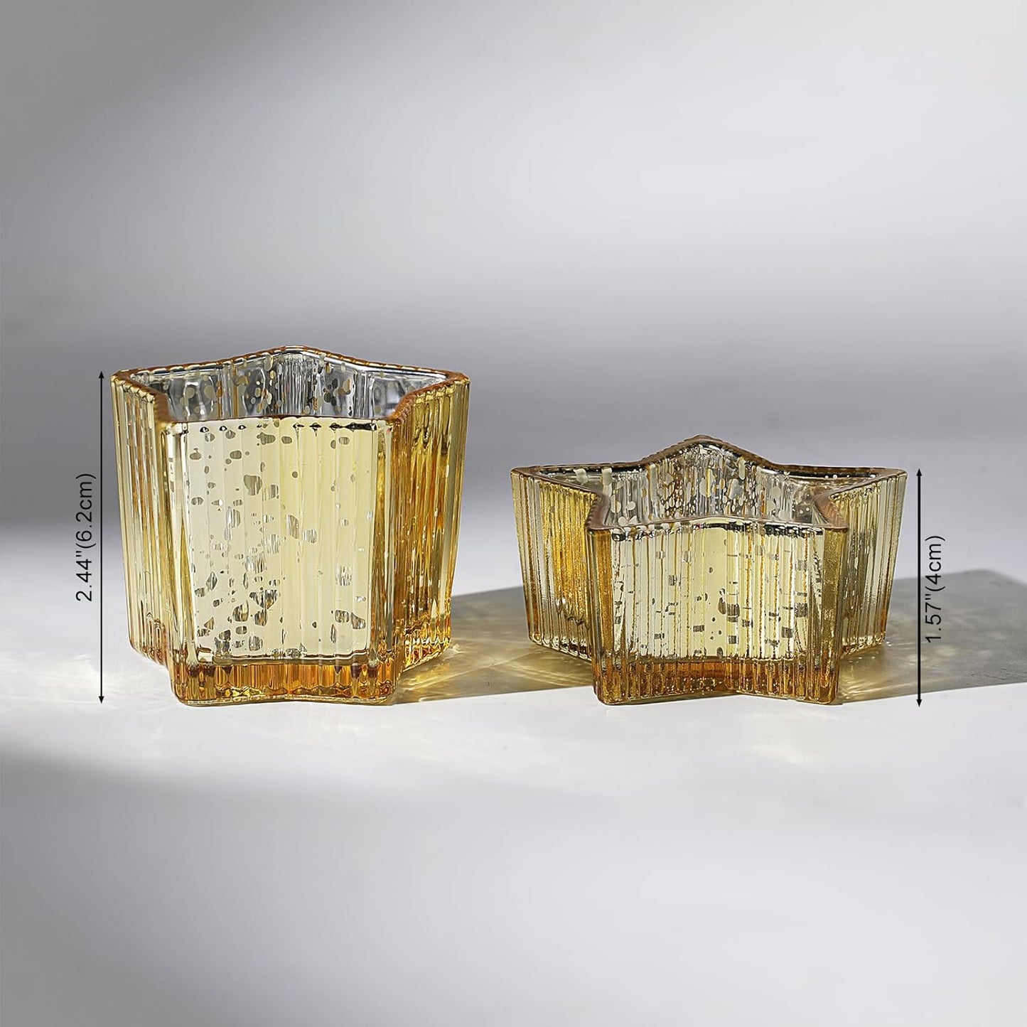 Letine 10pcs Gold Ribbed Candle Cups – Assorted Height Tea Light & Votive Candle Holders for Diwali, Wedding, Table Centerpiece, Fall & Holiday Decor – Lucky Star Jar (Tall 2.44", Short 1.57")