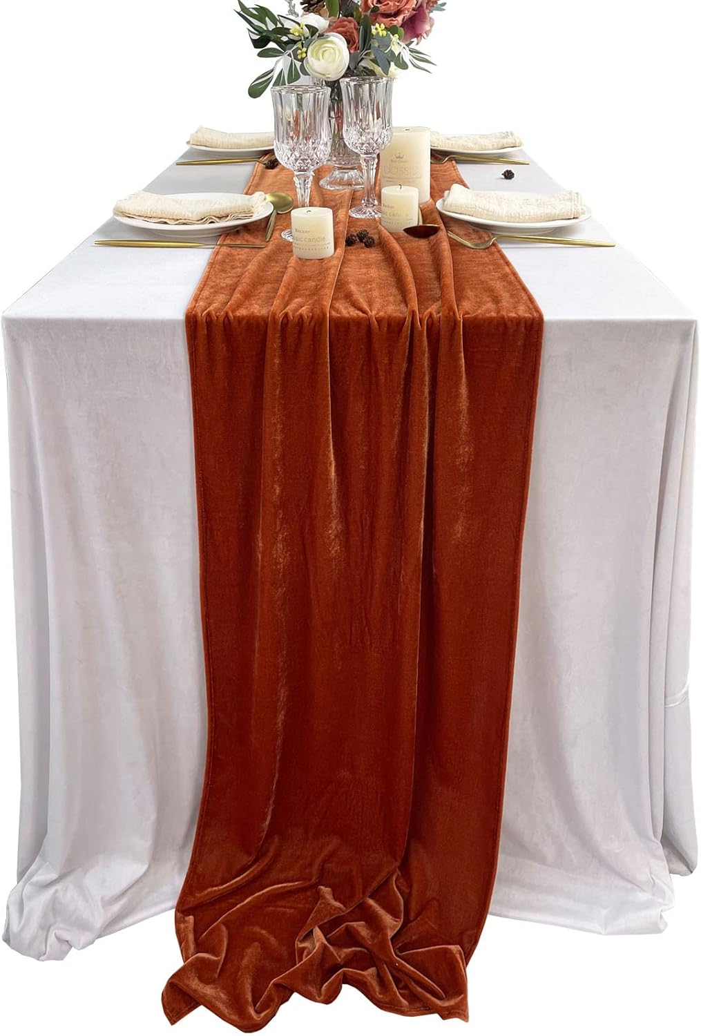 Luxurious Velvet Table Runner, Terracotta 120 Inches Wedding Table Runners, 10ft Velvet Home Party Table Decorations