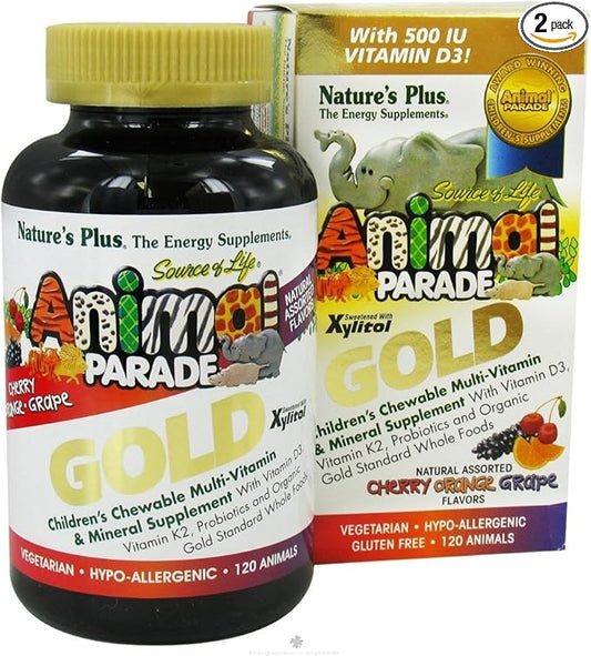 NaturesPlus Animal Parade Gold Children's Multivitamin - Assorted Cherry, Orange & Grape Flavors - 120 Animal-Shaped Chewable Tablets, Pack of 2 - Vegan, Gluten Free - 120 Total Servings