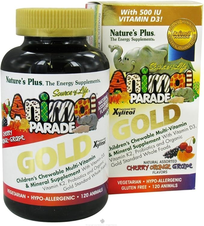 NaturesPlus Animal Parade Gold Children's Multivitamin - Assorted Cherry, Orange & Grape Flavors - 120 Animal-Shaped Chewable Tablets, Pack of 2 - Vegan, Gluten Free - 120 Total Servings
