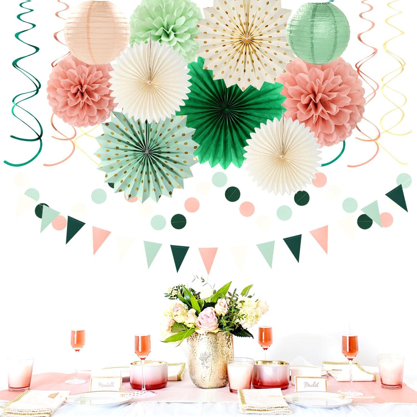 Sage-Olive Green Pink-Beige Boho Party-Decorations - 33pcs Birthday Streamers Tassel Garland,Banner Tissue Pom Poms,Paper Lantern Fans,Rustic Neutral Wedding Baby Bridal Shower Engagement Decor Hugtmr