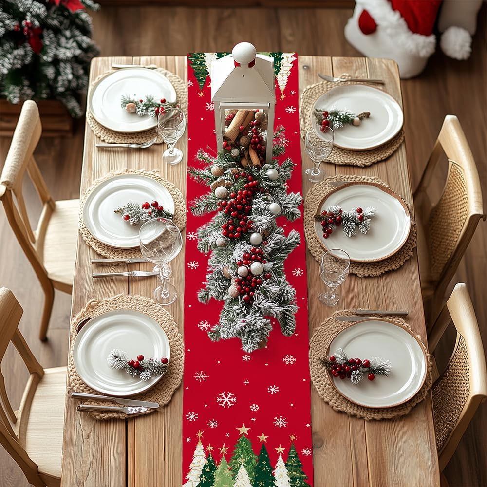 GEEORY Christmas Table Runner 13x90 Inch, Xmas Trees Snowflakes Holiday Decorative Farmhouse Table Decoration for Kitchen Dinning, Indoor Outdoor Dinner Party Decor (Red) GT150-90