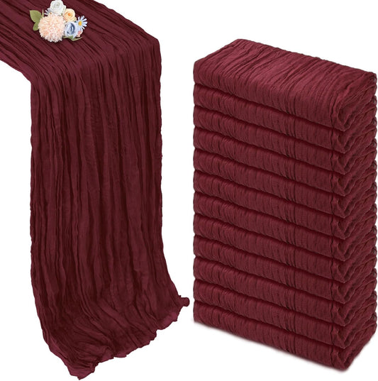 12 Pack Burgundy Cheesecloth Fall Table Runner 10ft Boho Gauze Fabric Cheese Cloth Table Runner 35 x 120 Inch Rustic Sheer Runner for Romantic Wedding Decor Baby Shower Party Centerpiece Decoration