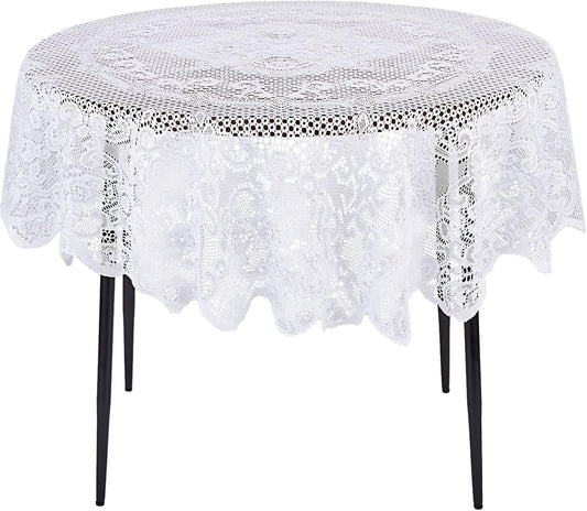 Juvale Round Lace Tablecloth - 59-Inch White Polyester - Scalloped Edge Circle Tablecloth with Floral Overlay & Vintage Decor for Wedding Receptions & Home
