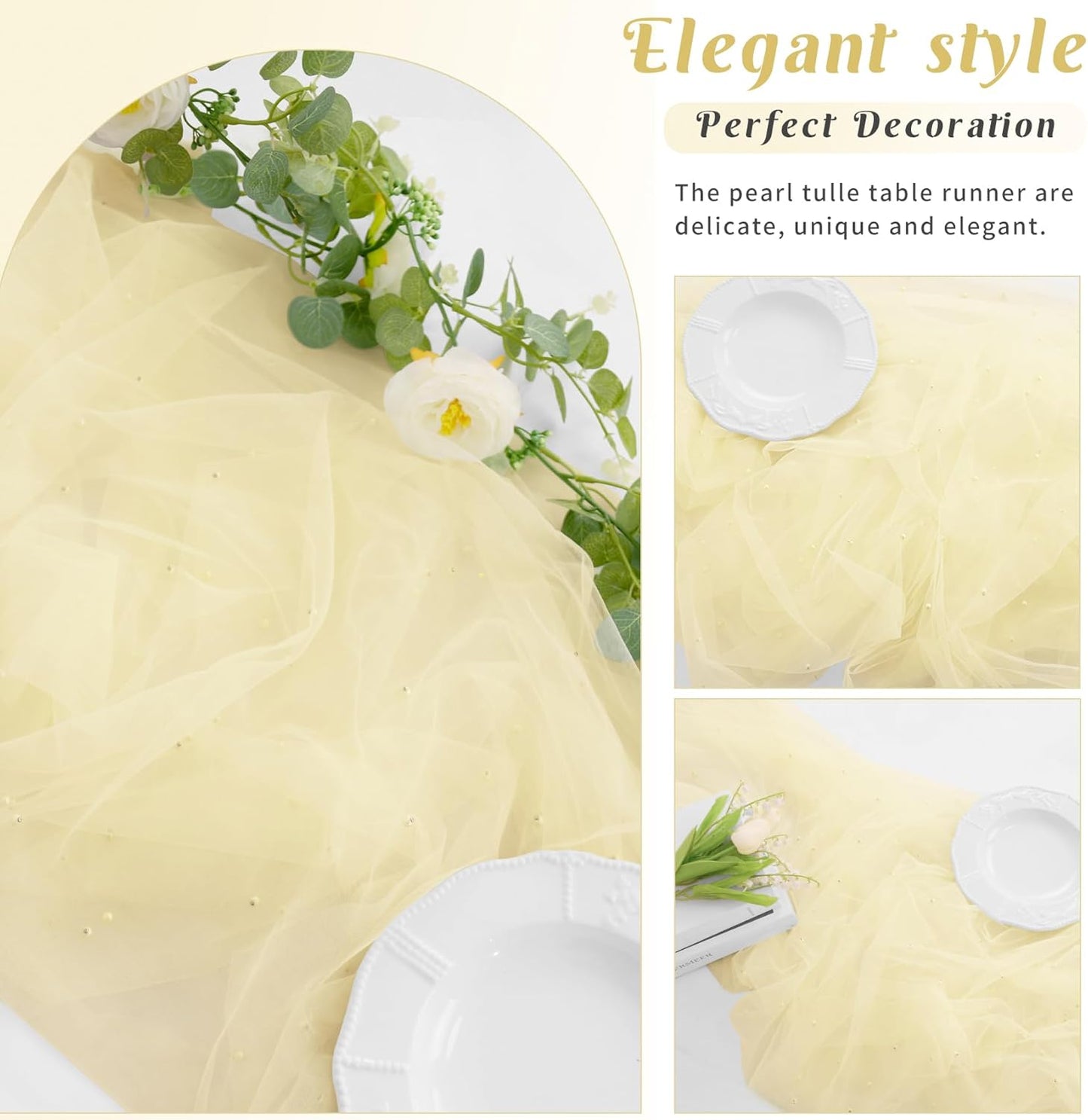 Pearl Table Runner 29 x 120 Inch Tulle Fabric Lace Table Runners Boho Rustic Tablecloth for Bridal Shower Birthday Party Wedding Arch Aisle Veil Dessert Table Decor(1 Pack, Ivory)