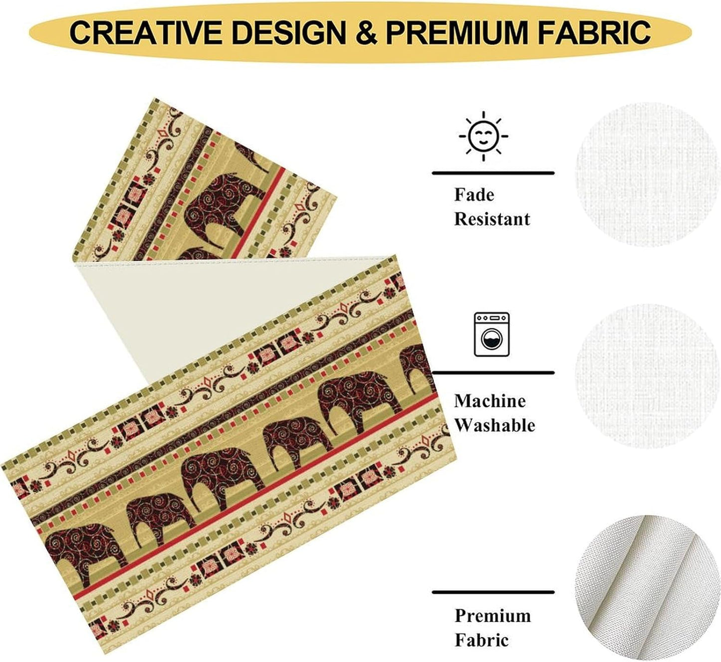 Boho Elephant Table Runner, Vintage Tribal Traditional Bohemian African Animals Ethnic Folk Table Center Decor for Home Kitchen Dining Patio Holiday Party Indoor Table Decorations, 13"x72" Inch