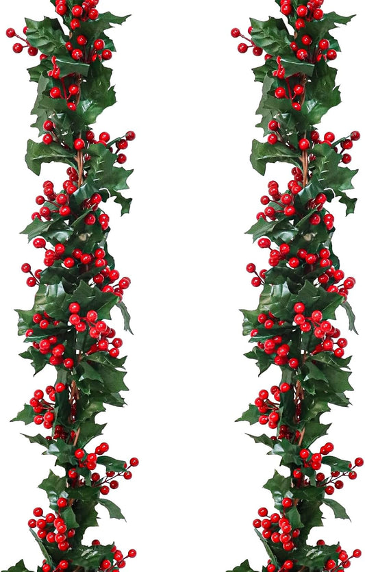 Uguisu 2pcs 5.6ft Red Artificial Christmas Garland,Eucalyptus Green Garland with Berry Flower Clusters,Artificial Vines for Fireplaces,Dining Tables,Christmas Parties