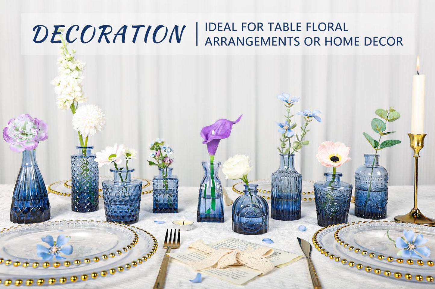 Glass Bud Vase Set of 12, Small Blue Flower Vases for Centerpieces in Bulk, Mini Vintage Vase for Wedding, Home,Table Decoration