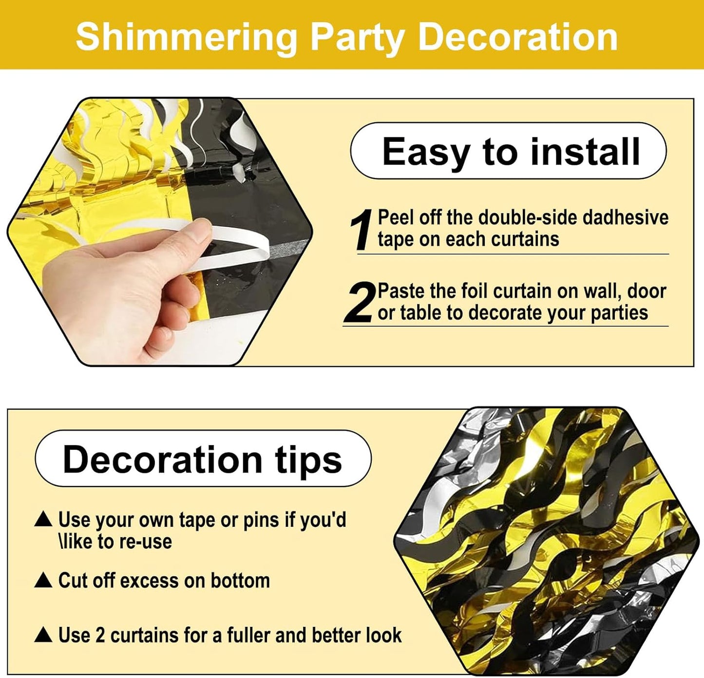 4 Pack Black Gold Silver Wave Foil Fringe Curtain Backdrop, 3.28Ft x 8.2Ft Metallic Tinsel Foil Fringe Streamer Curtains for Photo Booth, Mother's Day, Easter, Birthday, Wedding Party Decoration