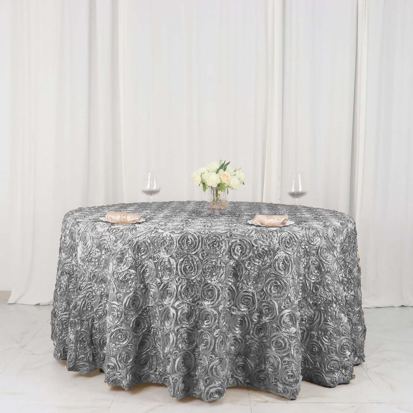 Efavormart 120" Wholesale Round Table Cover Silver Grandiose Rosette 3D Satin Tablecloth for Wedding Party Event Decoration
