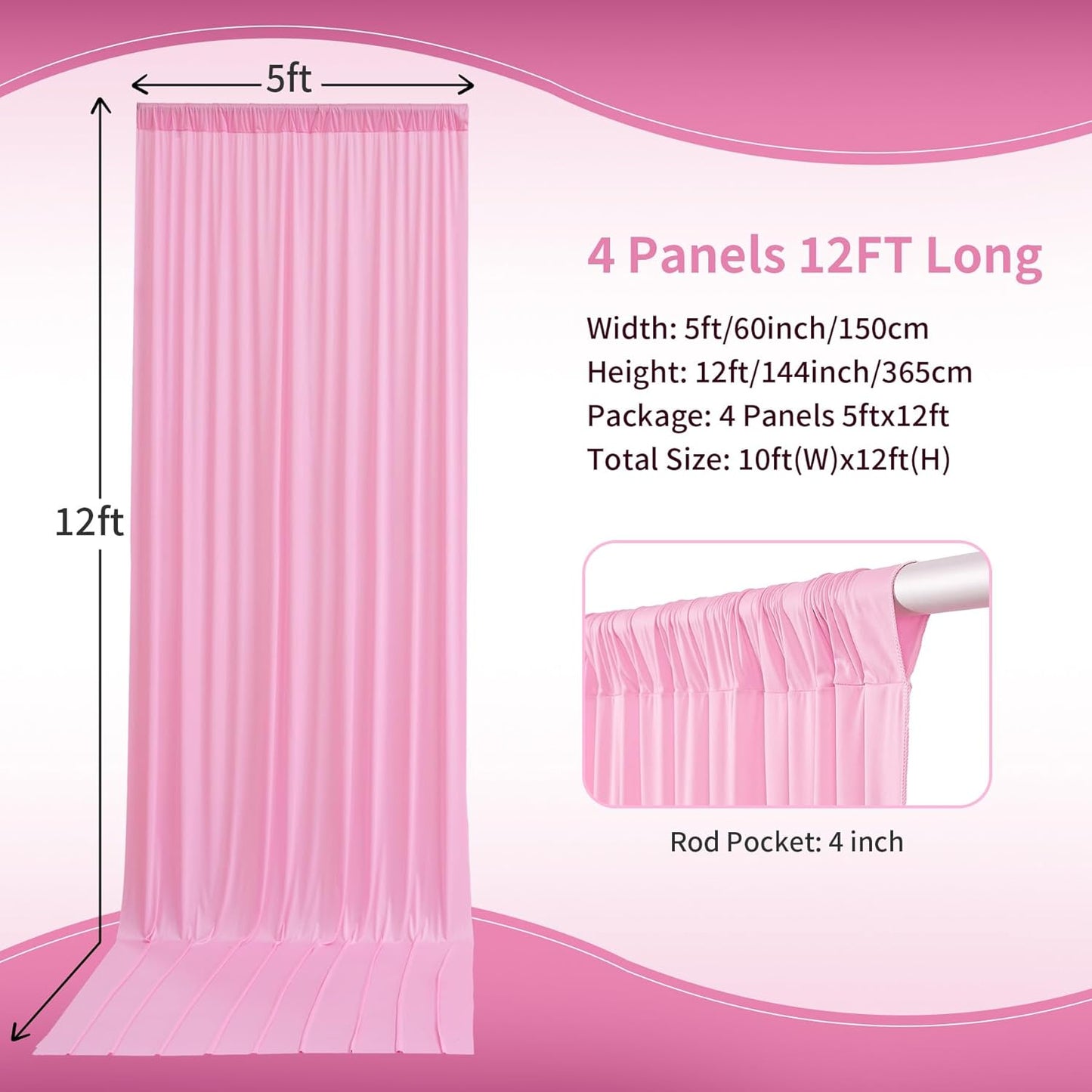 20×12ft Wrinkle Free Pink Backdrop Curtain for Wedding Parties, 4 Panels 5×12ft Long Soft Silky Polyester Backdrop Drapes Baby Pink Photo Back Drop Curtains for Party Photography Background Cloth