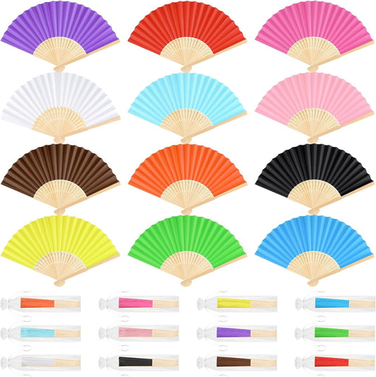 12 Pieces Hand Held Bamboo Folding Fans Paper Fans Handheld for Women Foldable Girls Wedding Decoration Church Home Party Favors Summer (Multicolor)