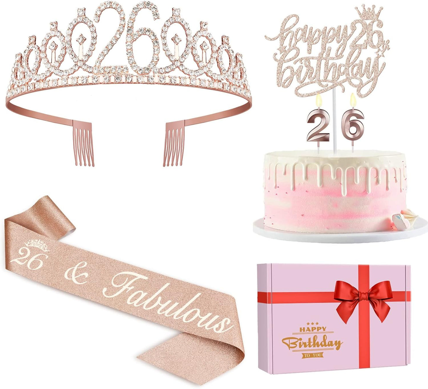 26th Birthday Sash and Tiara for Women Including Rhinestone Crown, Fabulous Sash, Candles and Cake Topper, 26 Year Old Decorations Gifts for Women, Rose Gold Party Decor Supplies