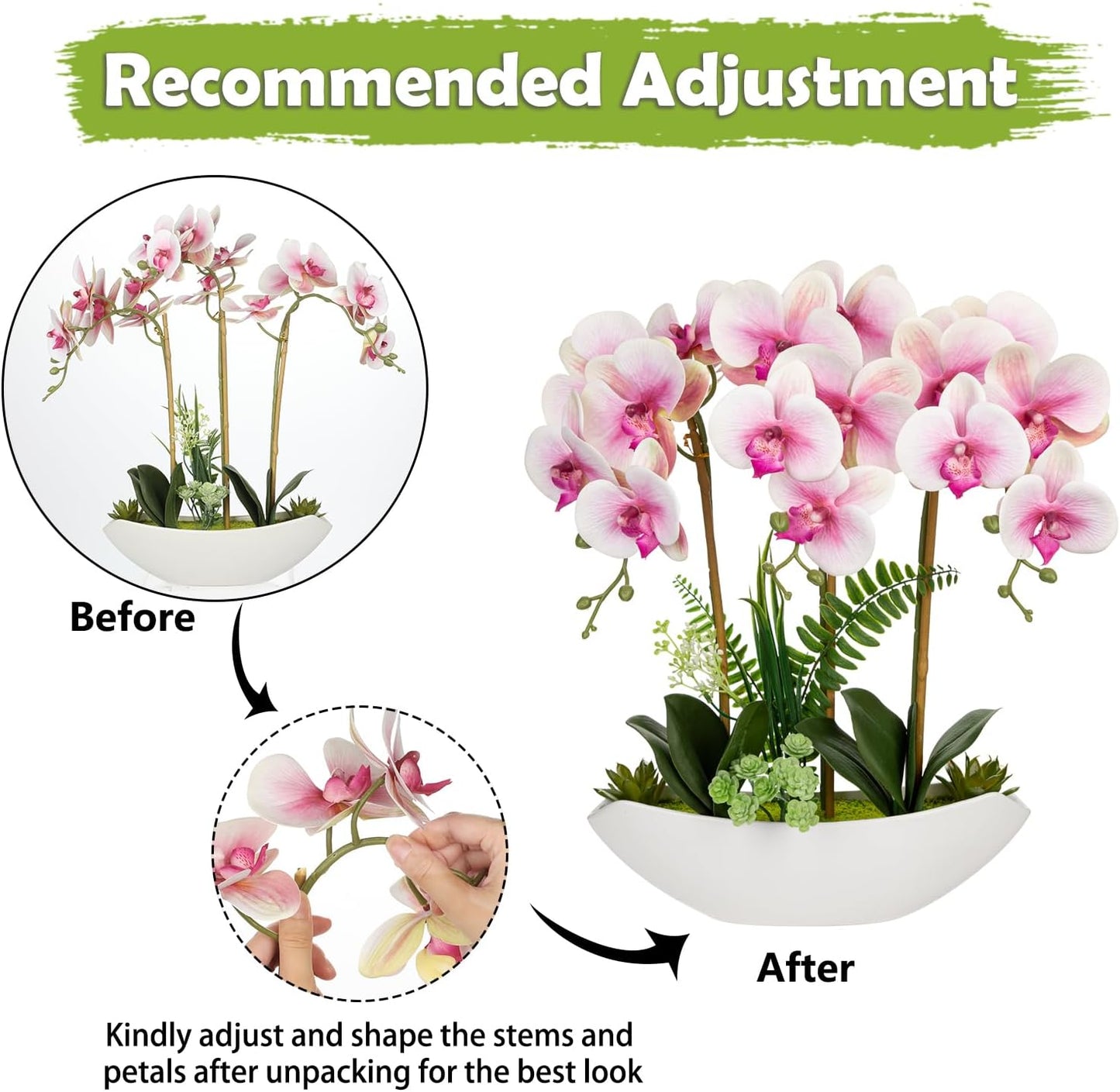 Briful Pink Orchid Artificial Flowers 18in Fake Orchid Silk Flowers with Ceramic Pot Faux Orchid Arrangement for Home Office Room Table Shelf Modern Decoration
