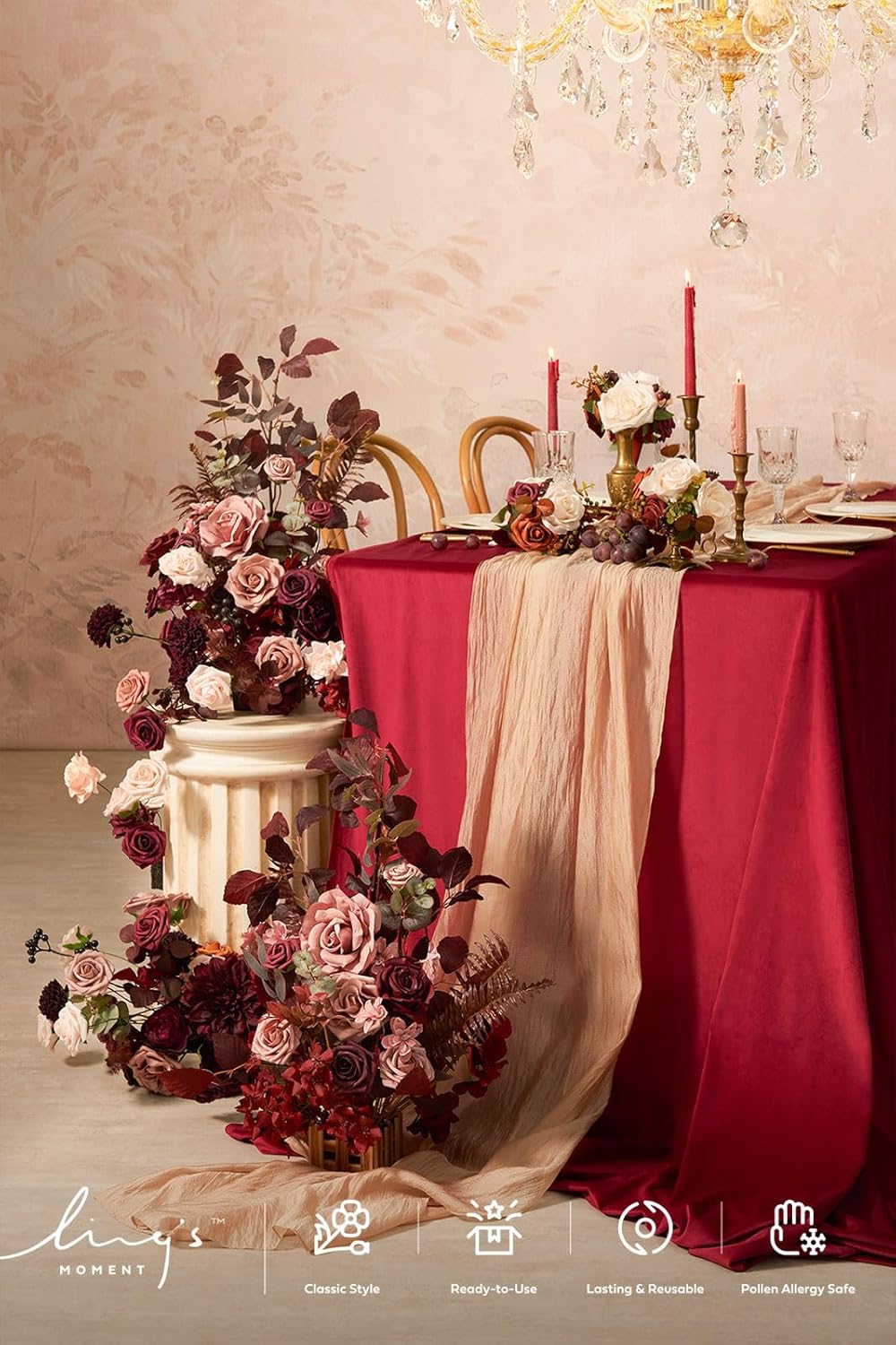 Ling's Moment 17.5" Tall Free Standing Artificial Flowers Arrangements 4 pcs Wedding Aisle Runner Chair Decorations Burgundy & Dusty Rose for Ceremony Reception Rose Floral Party Outdoor Centerpieces