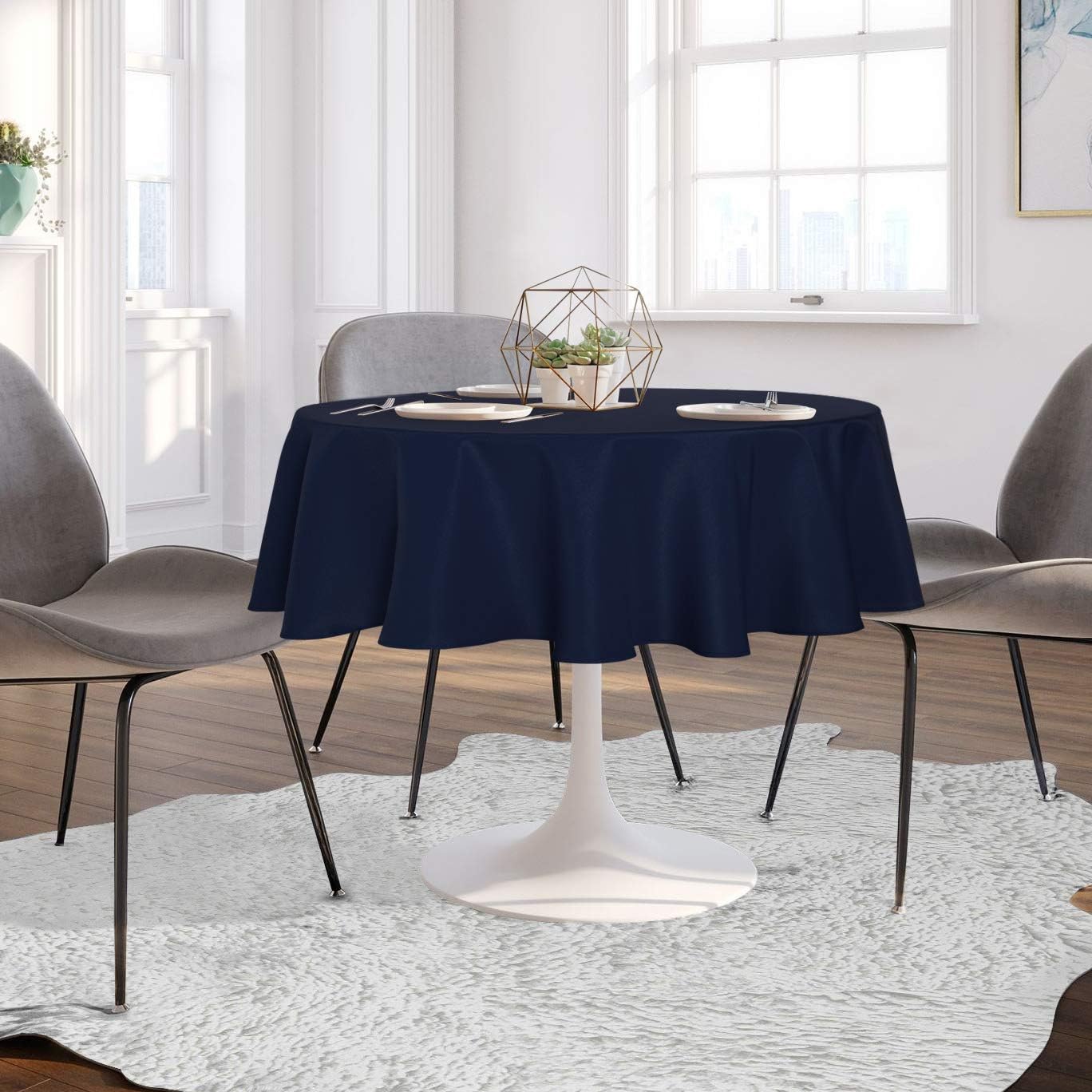 sancua Round Tablecloth - 48 Inch - Water Resistant Spill Proof Washable Polyester Table Cloth Decorative Fabric Table Cover for Dining Tables, Buffet Parties and Camping, Navy