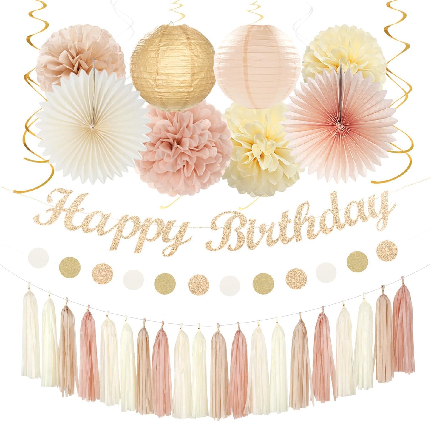 Champagne-Gold Beige 21st Happy-Birthday Party-Decorations - 31pcs Sweet 16 18th Women Girls Paper Lanterns Streamers Banner,Tissue Pom Poms Fans Tassels Graland Decor,Fall Boho Rose Backdrop Hugmoon