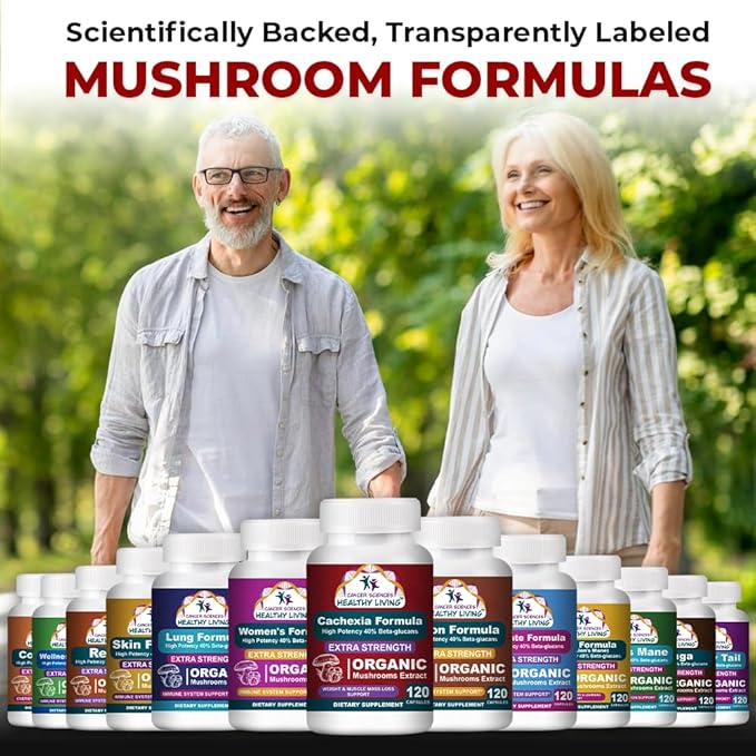 CANCER SCIENCES Cachexia Supplement, USDA Certified Organic Mushrooms Extract Capsules, Extra Strength 1,500 mg, High Potency 40% Beta-Glucans, Immune & Metabolic Support, Weight & Muscle Mass Support