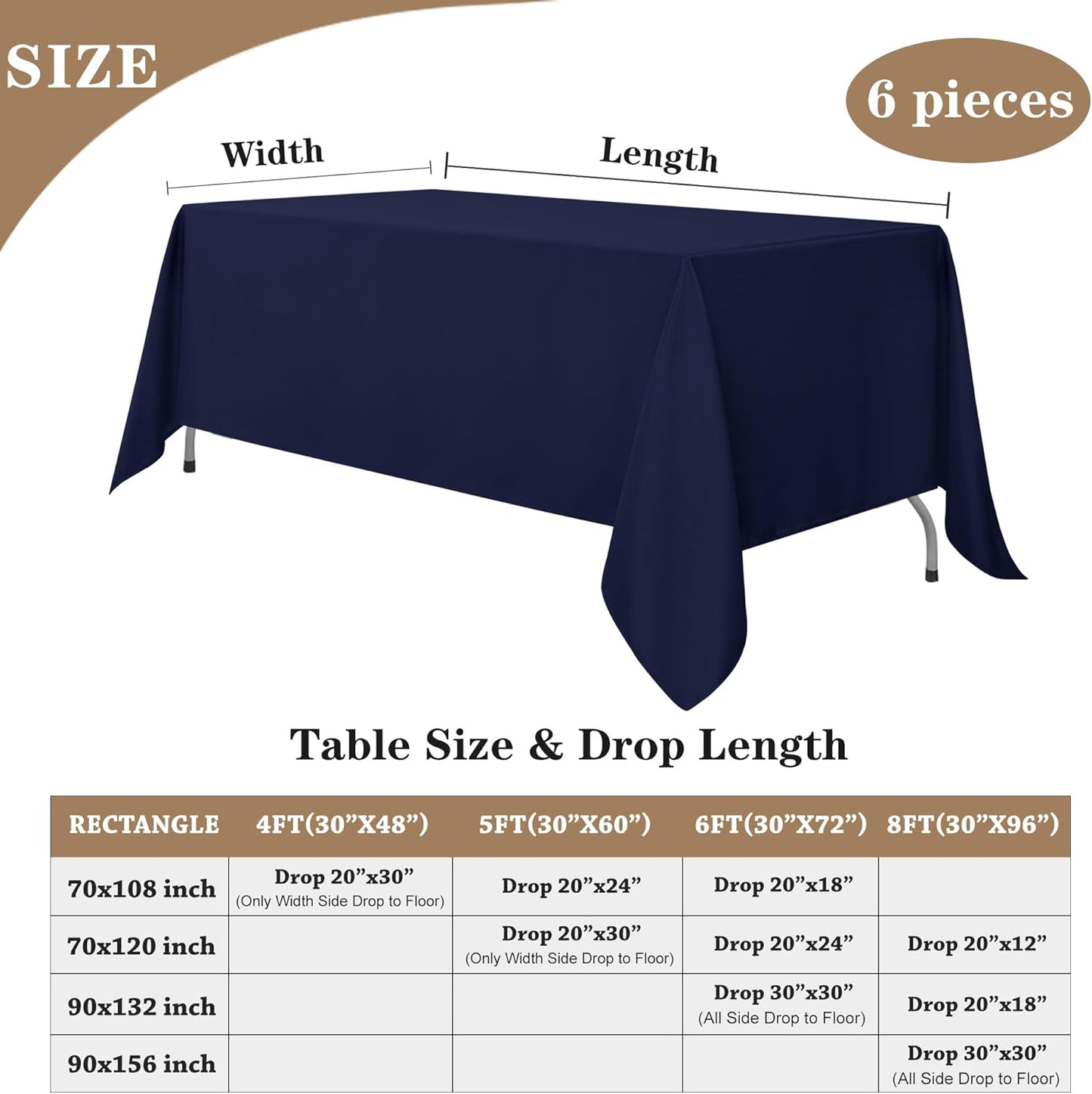 Fitable Navy Rectangle Tablecloths for 6 Foot Tables, 6 Pack - 70 x 108 Inches - Stain Resistant and Washable Table Clothes, Polyester Fabric Table Covers for Wedding, Party, Banquet, Buffect